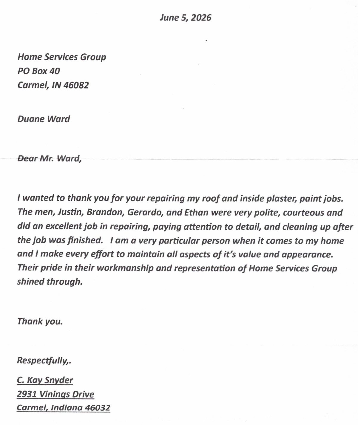 Carmel indiana home services group positive review